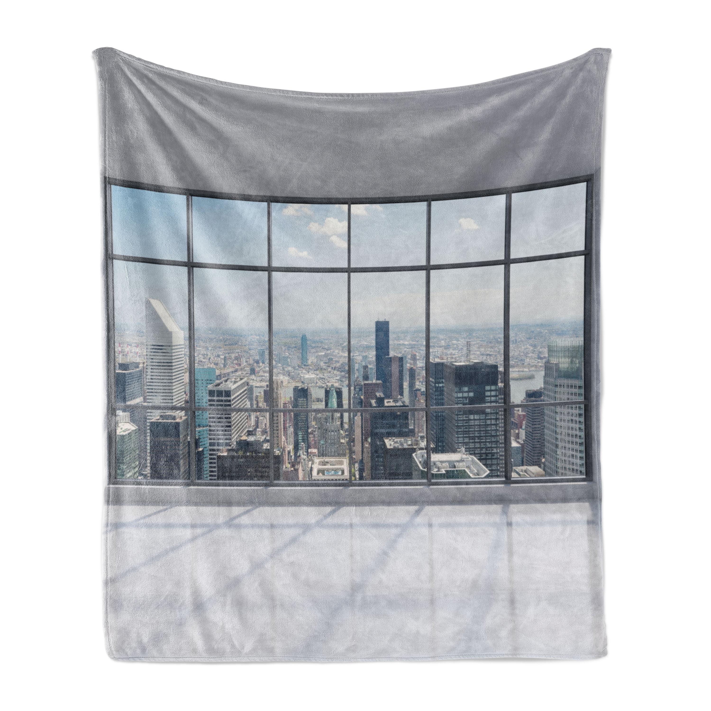 Ambesonne City Fleece Throw Blanket Big Window Downtown View Grey White