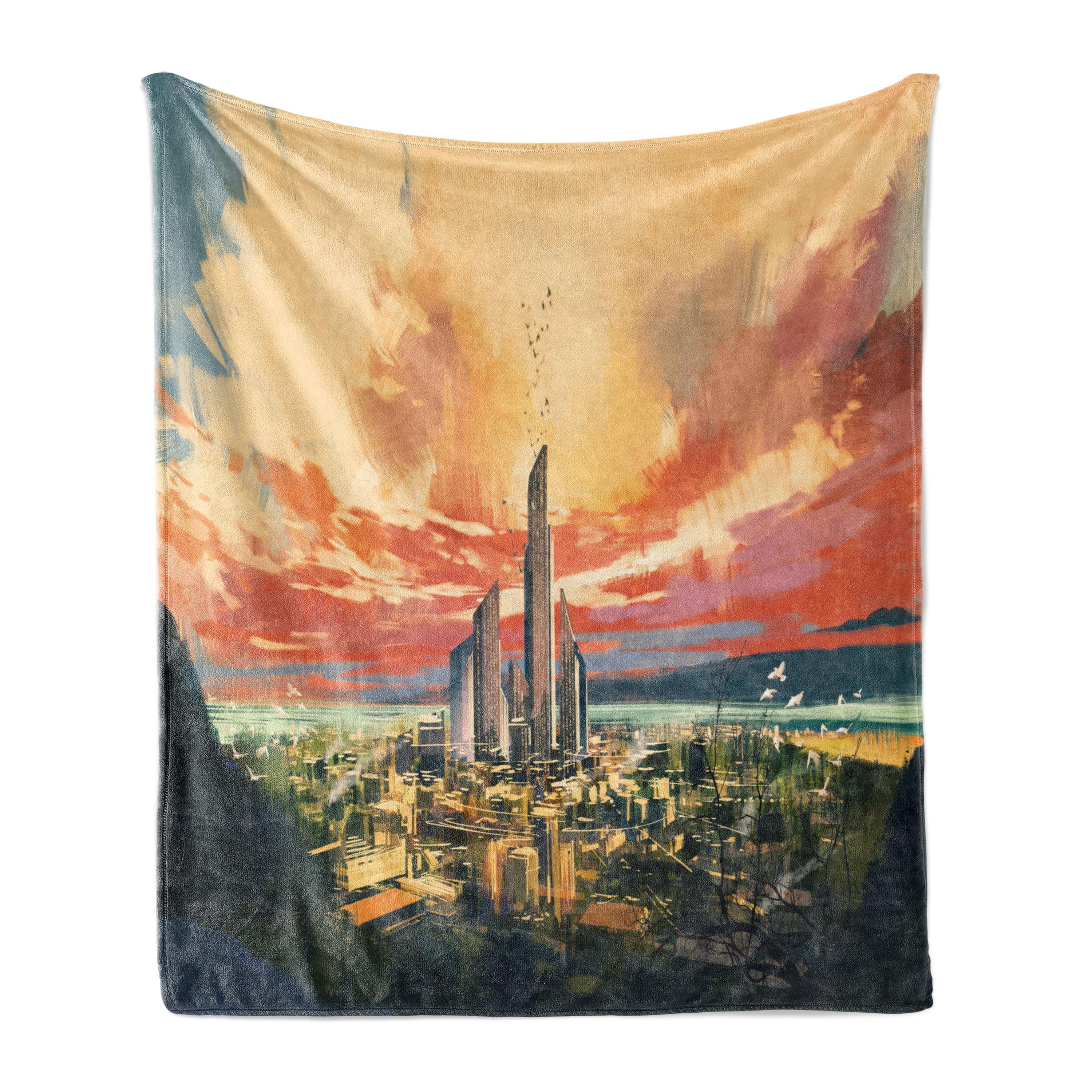 Modern Multicolor Fleece Throw Blanket with Cityscape Design