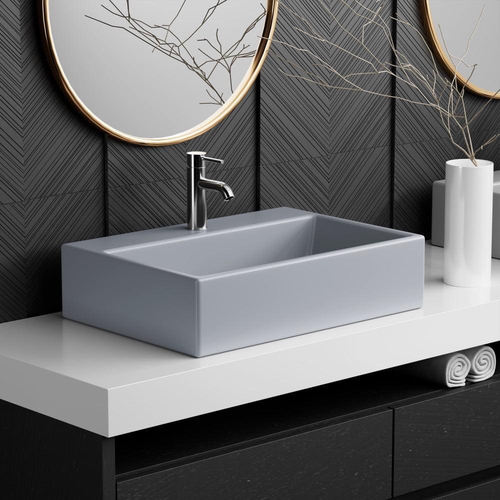 Claire Matte Gray Ceramic Rectangular Vessel Bathroom Sink with Overflow