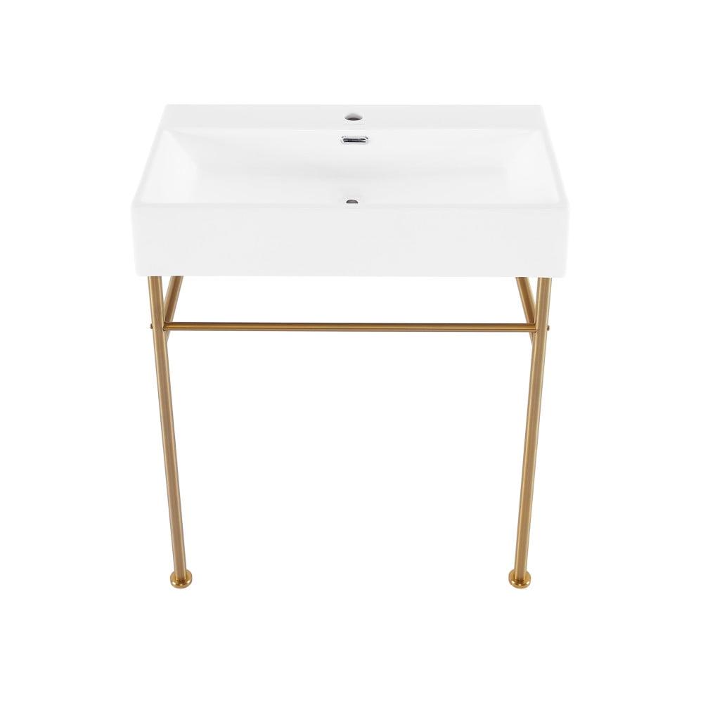 Claire 30" White Ceramic Console Sink with Brushed Gold Legs