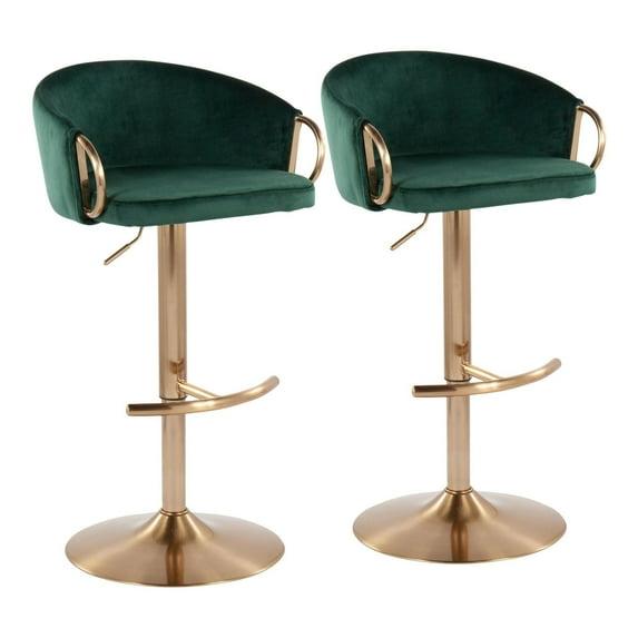 Set of 2 Claire Adjustable Barstools Gold/Green - LumiSource: Chic Velvet, Metal Base, Swivel, Footrest