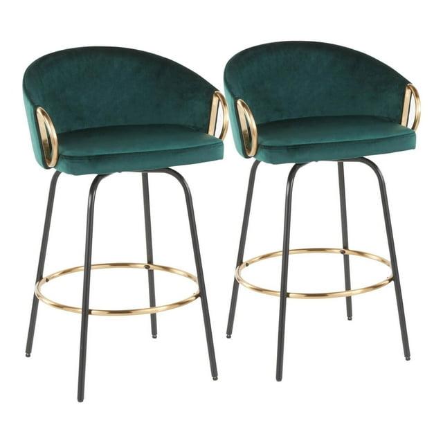 Set of 2 Claire Upholstered Counter Height Barstools: Swivel, Velvet, Gold Accents - Lumisource