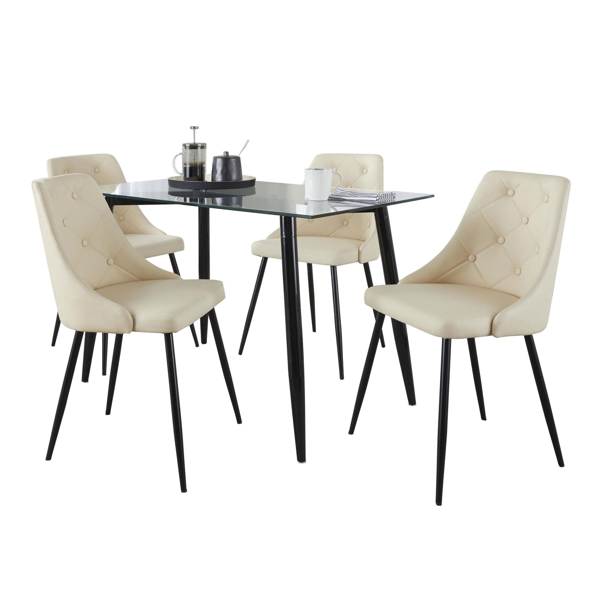 Clara-Giovani 5-Piece Black Metal and Glass Dining Set with Cream Faux Leather Chairs