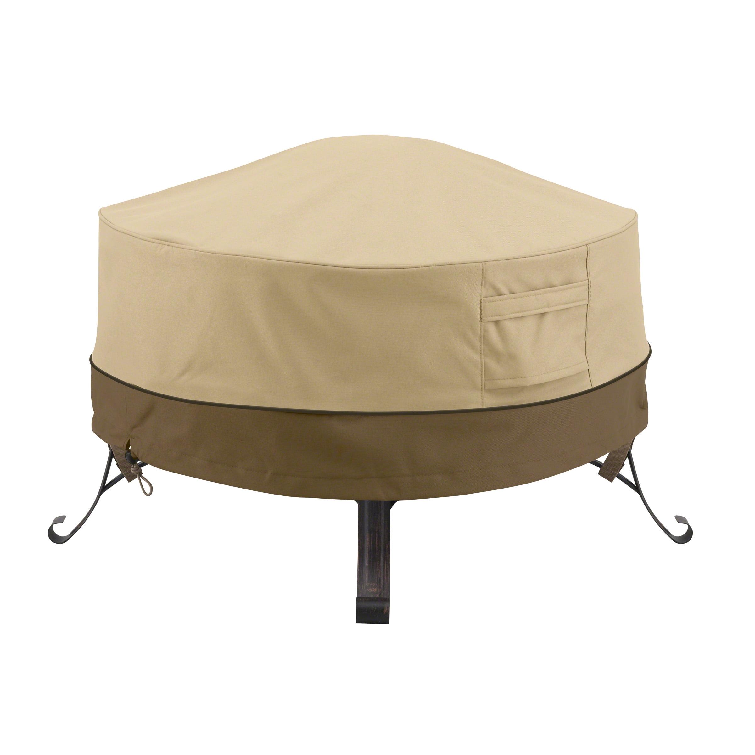 Tan and Brown Water-Resistant Round Fire Pit Cover with Handles