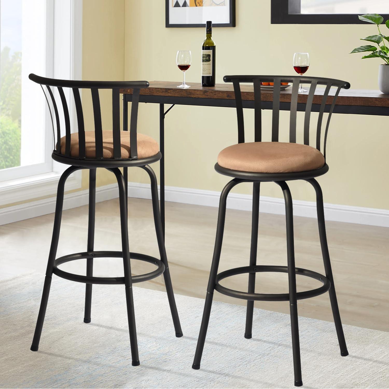 Classic Barstools Set of 2, Country Style Bar Chairs with Back and Footrest Swivel Counter Height Bar Stools for Kitchen Island Pub, Bistro, Restaurant, Rustic Brown and Black (29 Inch)