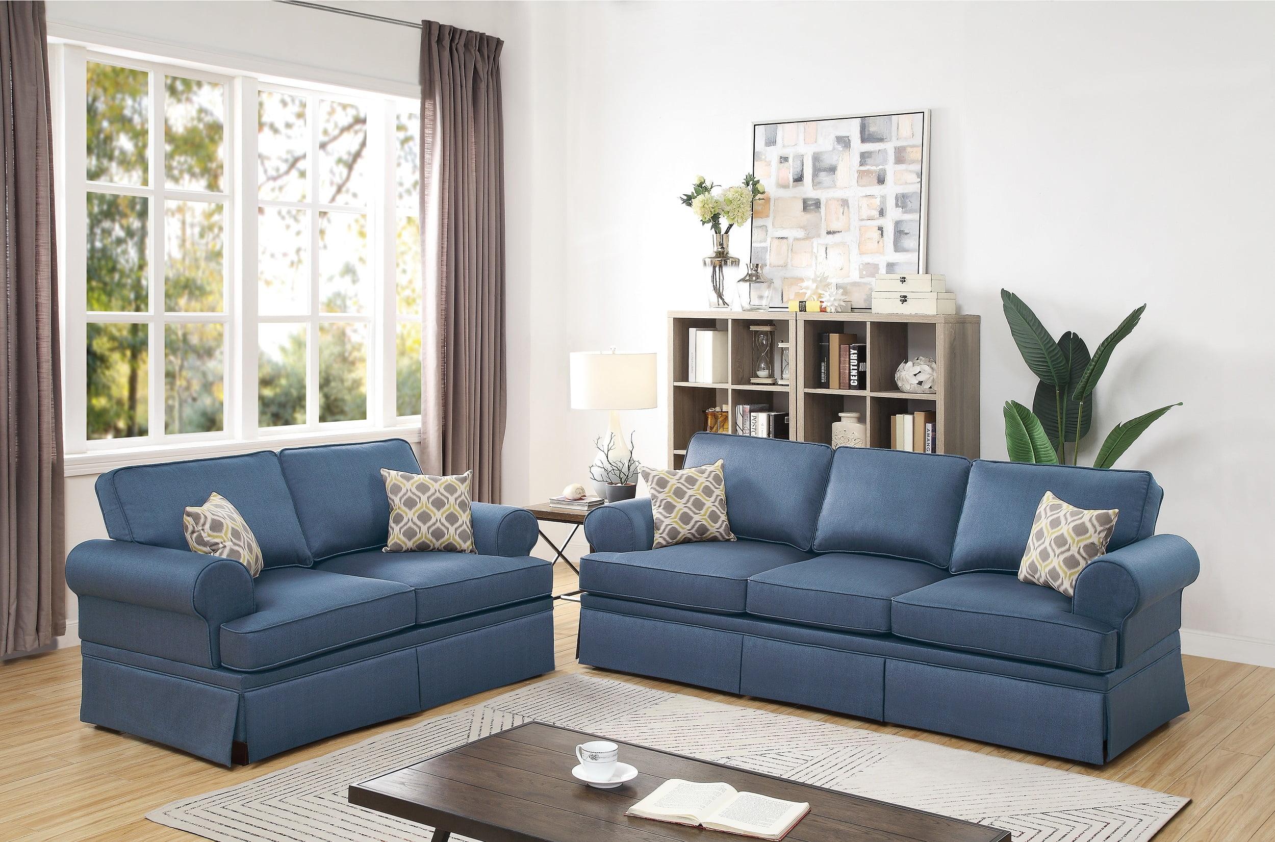 Fabric Loveseat Sofa Set - 2 Piece Living Room Furniture - Modern Design - Blue Finish