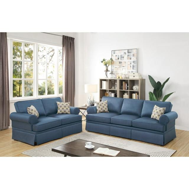 Fabric Loveseat Sofa Set - 2 Piece Living Room Furniture - Modern Design - Blue Finish