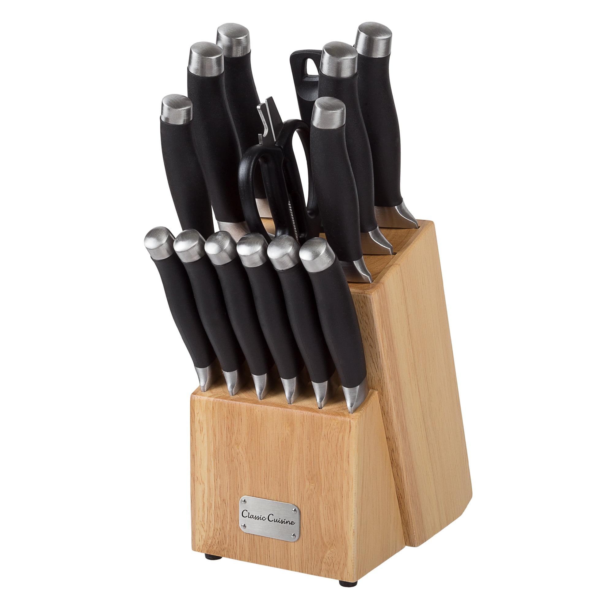 Classic Cuisine Professional 15-Piece Knife Set with Block - Stainless-Steel Cutlery with Chef, Bread, Santoku, Filet, Paring, and Steak Knives