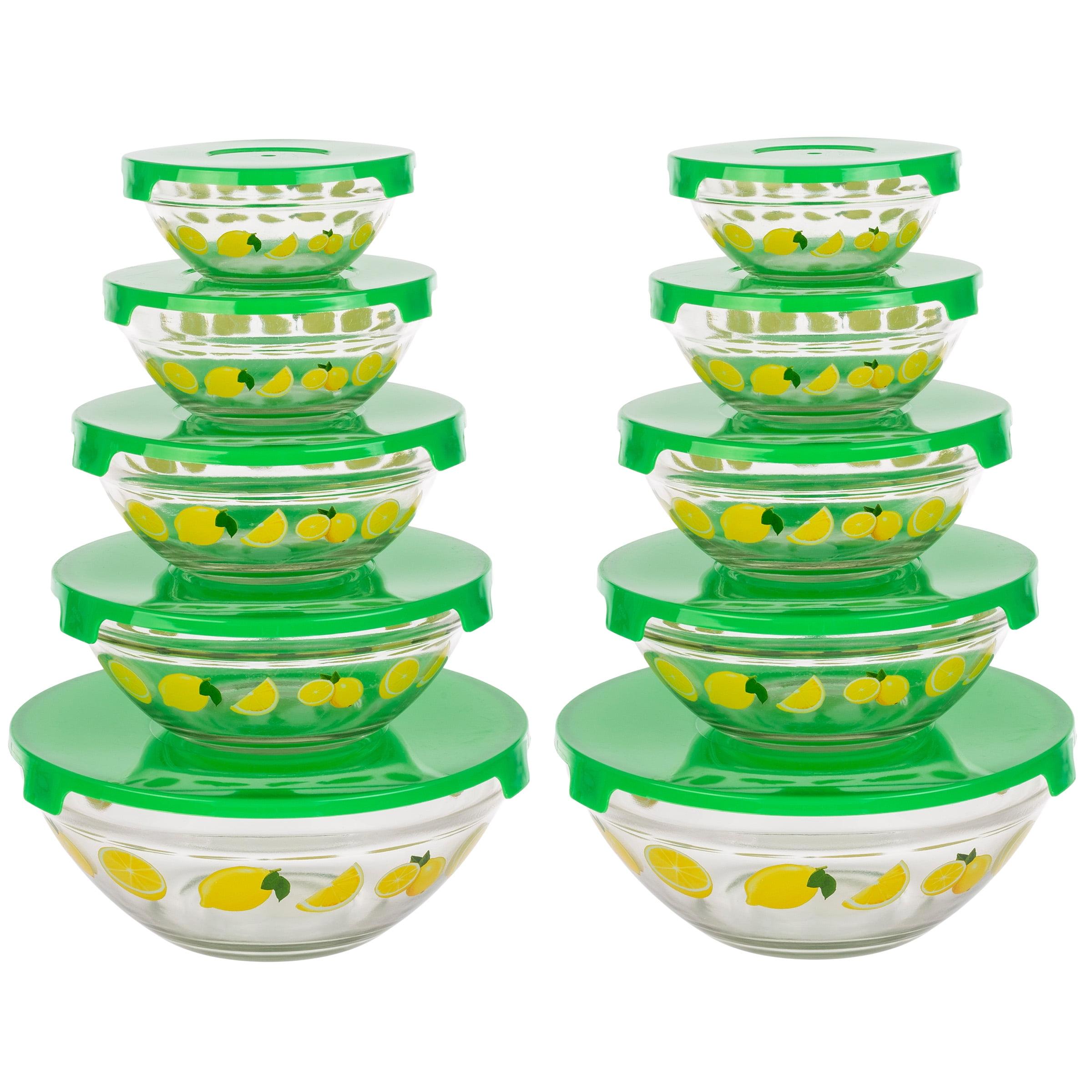 20-Piece Glass Bowls with Lids Set - Lemon Design Mixing Bowls Set with Multiple Sizes