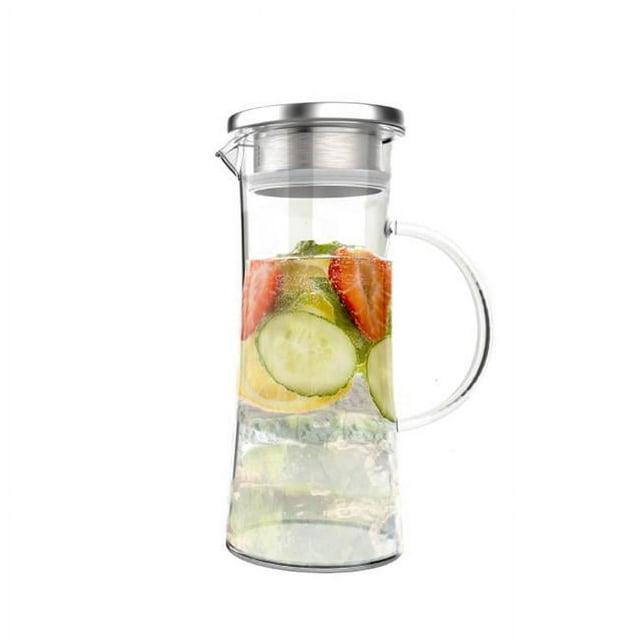 Glass Pitcher-50oz. Carafe with Stainless Steel Filter Lid- Heat Resistant to 300F-For Water, Coffee, Tea, Punch, Lemonade and More by Classic Cuisine