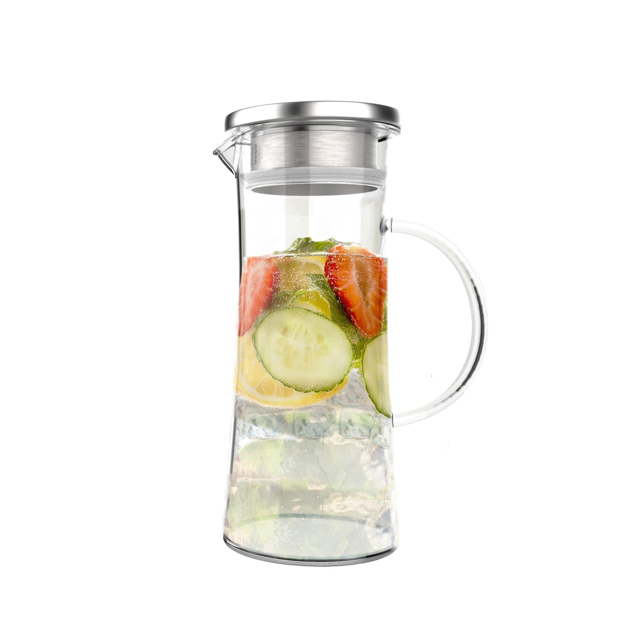 Glass Pitcher-50oz. Carafe with Stainless Steel Filter Lid- Heat Resistant to 300F-For Water, Coffee, Tea, Punch, Lemonade and More by Classic Cuisine