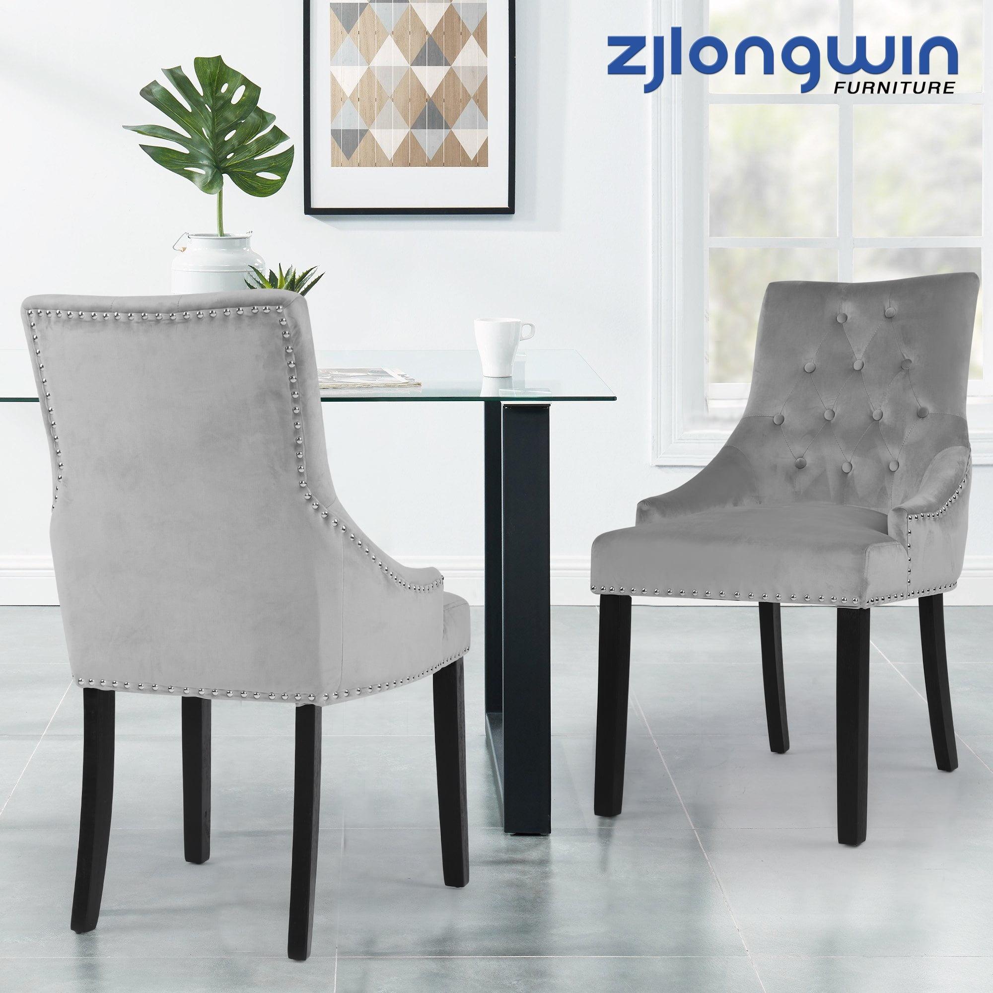 Gray Velvet Upholstered Tufted Dining Chairs with Wood Legs, Set of 2