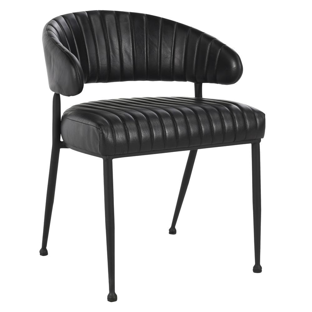 Sophisticated Jet Black Iron Frame Dining Chair with Top Grain Leather