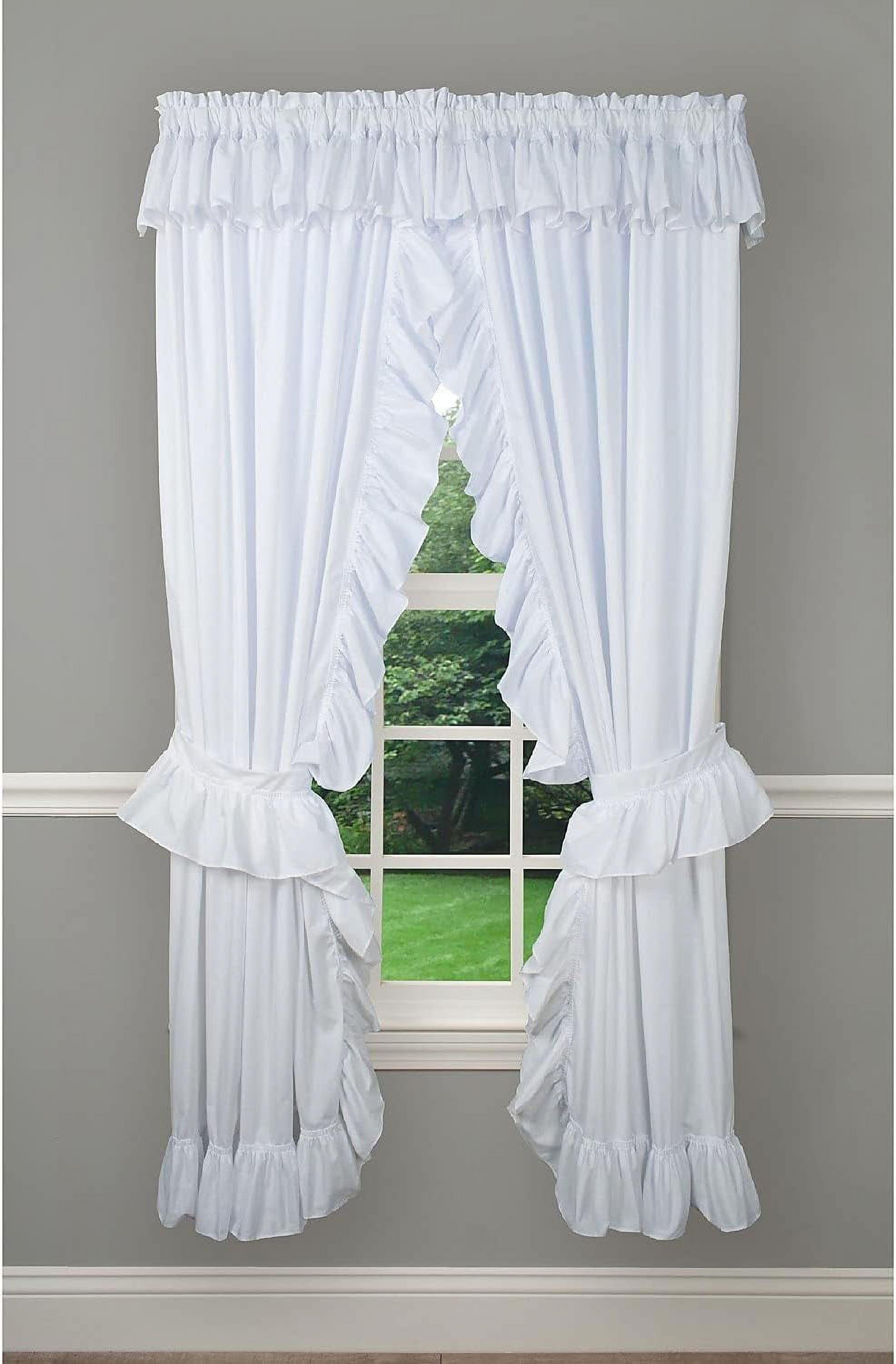 White Ruffled Cotton Polyester Rod Pocket Curtain Panel Pair