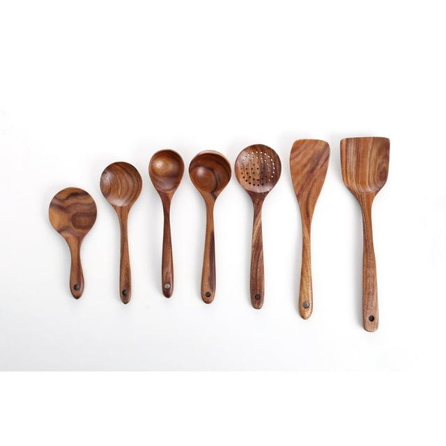 Sandistore Plate Mates Set 7PCS Wooden Cooking Utensils Kitchen Utensil Natural Teak Wood Kitchen Utensils Tool Nonstick Hard Wooden Spatula And Wooden Spoons