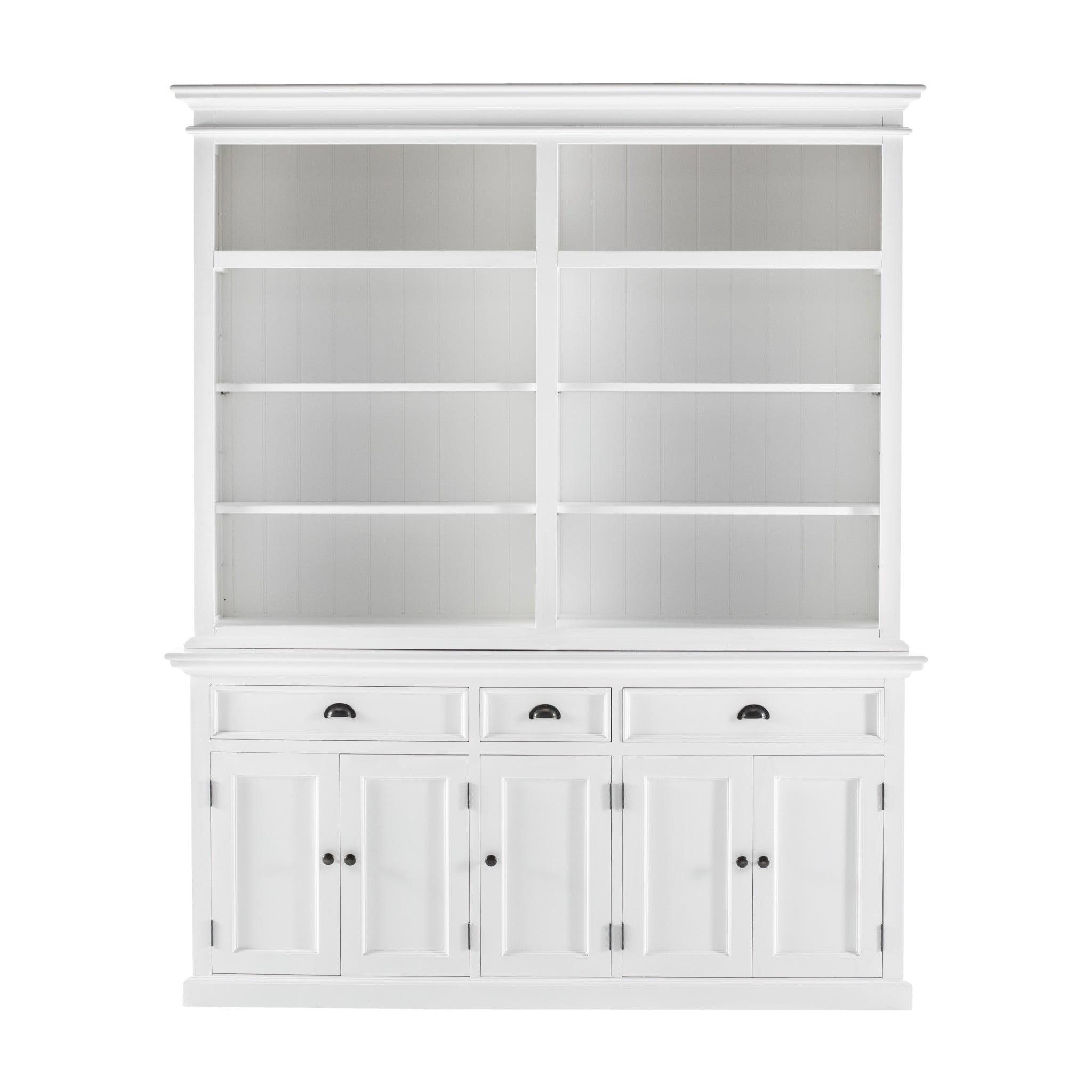 Classic White Wood Hutch Bookcase with 5 Doors and 3 Drawers