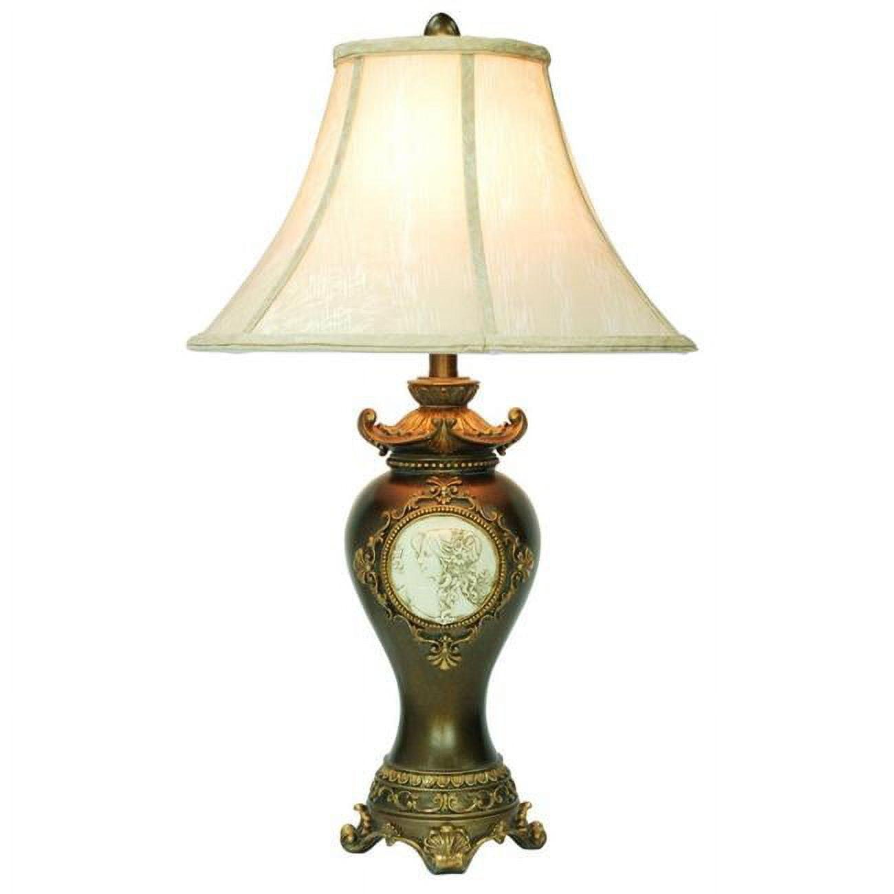 Classical Greek Engraved Table Lamp with Espresso Finish and Off-White Shade