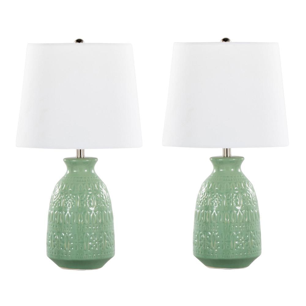 LumiSource Set of 2 Claudia 20" Contemporary Accent Lamps Sage Green Ceramic Polished Nickel and White Linen Shade from Grandview Gallery