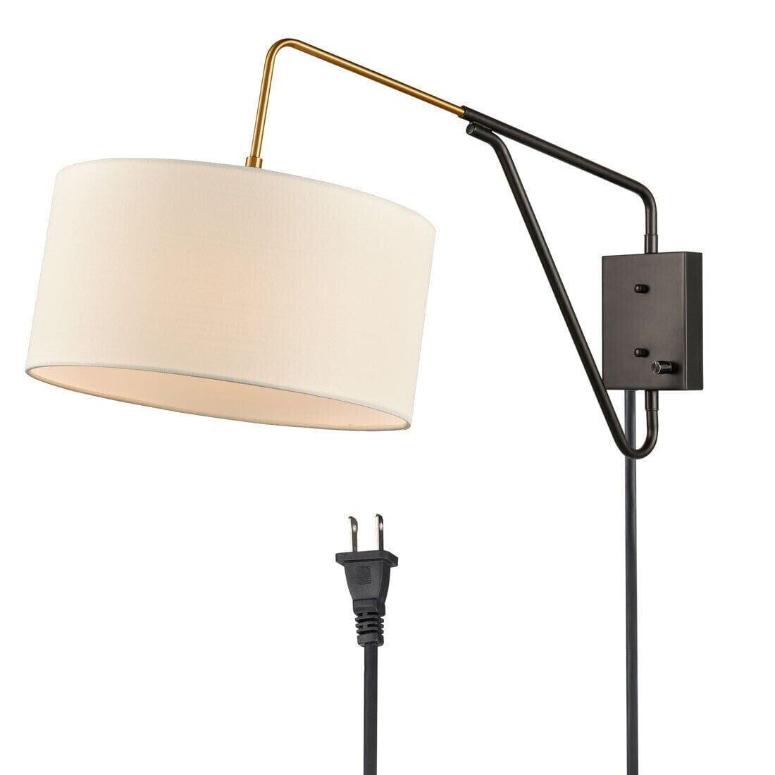 Claxy Black Plug in Wall Sconce Swing Arm Wall Lamp with Drum Fabric Shade