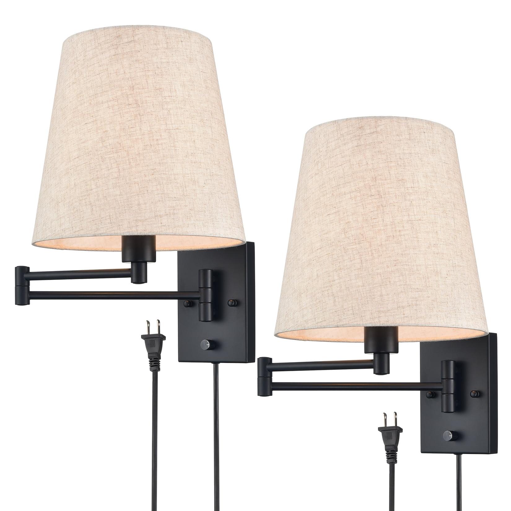 Black Swing Arm Wall Sconce Set with Beige Fabric Shades