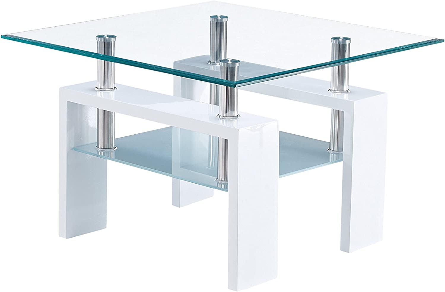 Glossy White and Clear Glass Square End Table