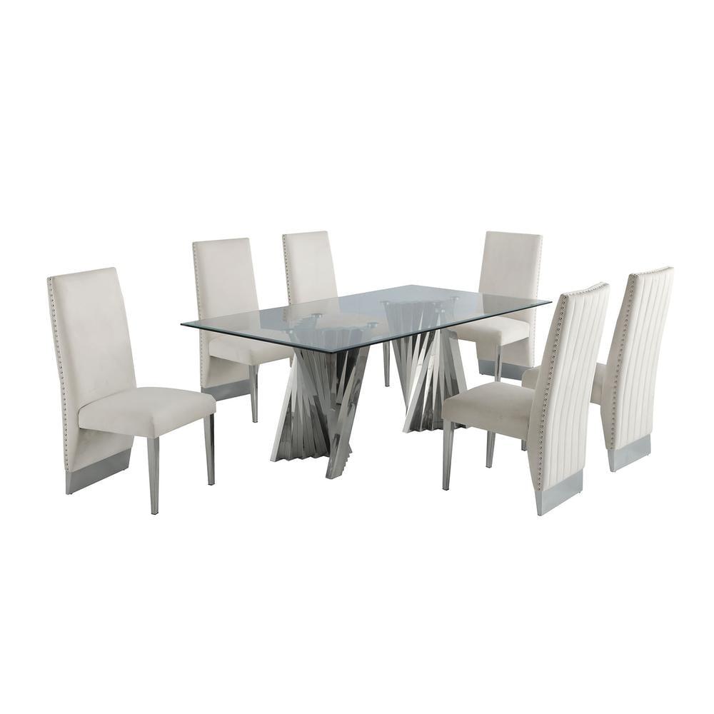 Clear Glass Dining Set with Table and 6 Cream Velvet Chairs