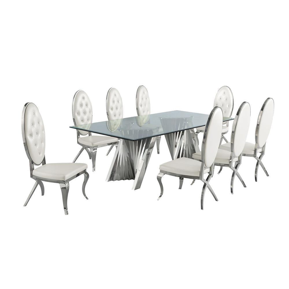 94" Glass Top Dining Set with White Faux Leather Chairs