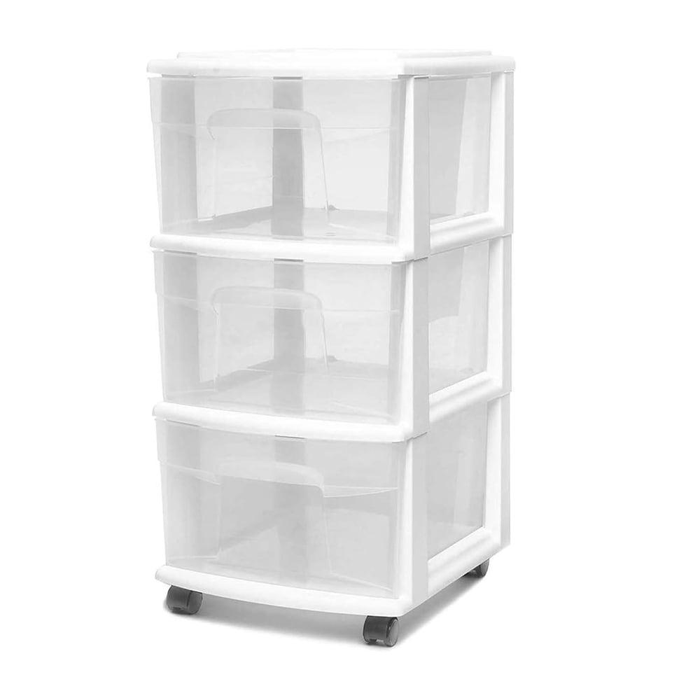 Open Box Plastic 3 Drawer M Storage Container Tower, Clear Drawers/White Frame