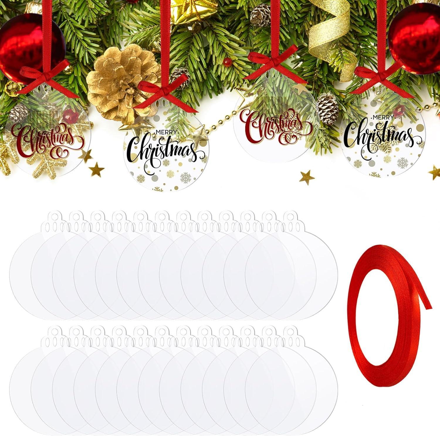 Clear Round Acrylic Christmas Ornaments Clear Blank Acrylic Disc Circle Red Ribbon with Hole DIY Crafts Acrylic Ornament for Xmas Tree Party Painting Hanging Decoration Supplies(3 Inch, 25 Pieces)