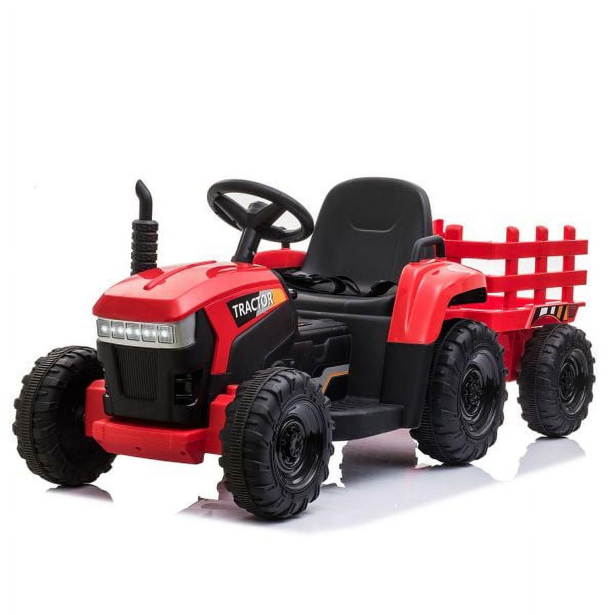 12V Kids Ride On Tractor with Trailer, Battery Powered Electric Car with Music, USB, Music, LED Lights