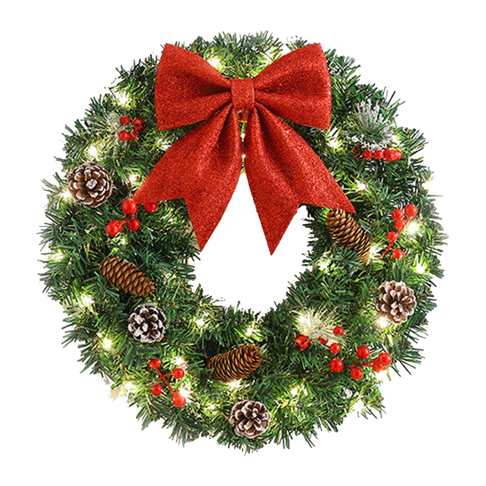 18-Inch Pre-Lit Artificial Christmas Wreath with Red Bow and Pine Cones