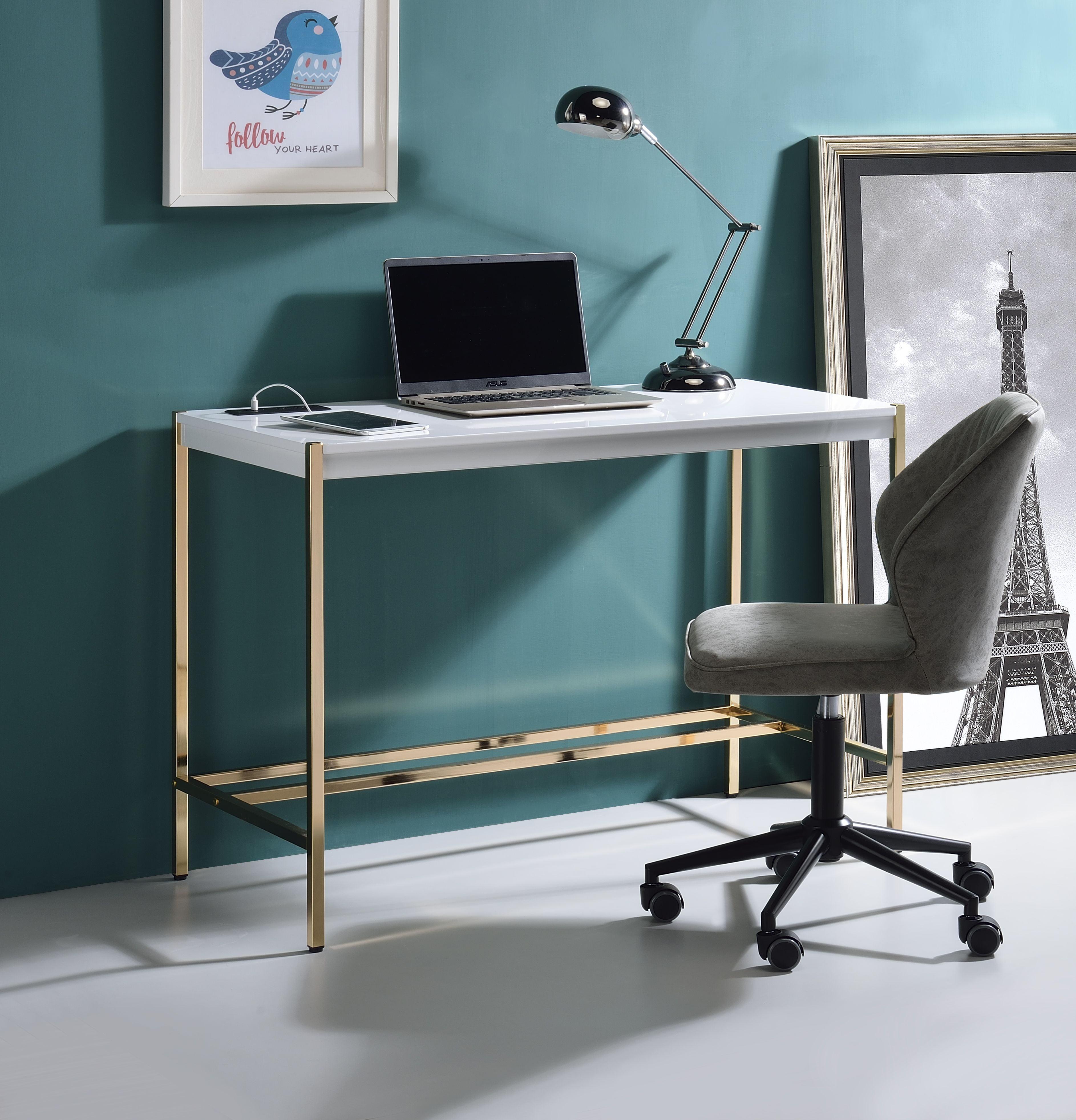 White and Gold MDF Writing Desk with USB Port