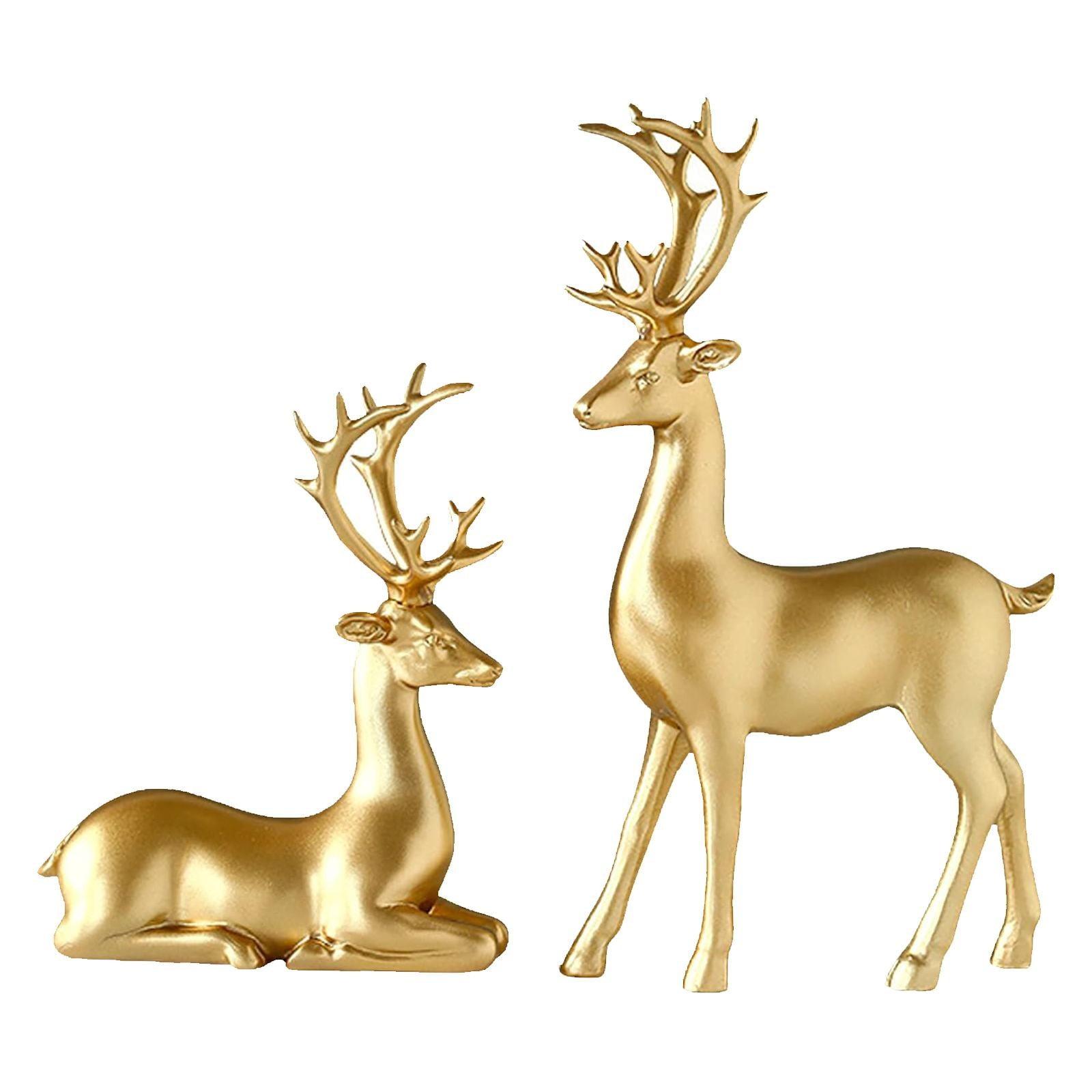 Gold Resin Winter Deer Sculpture Set