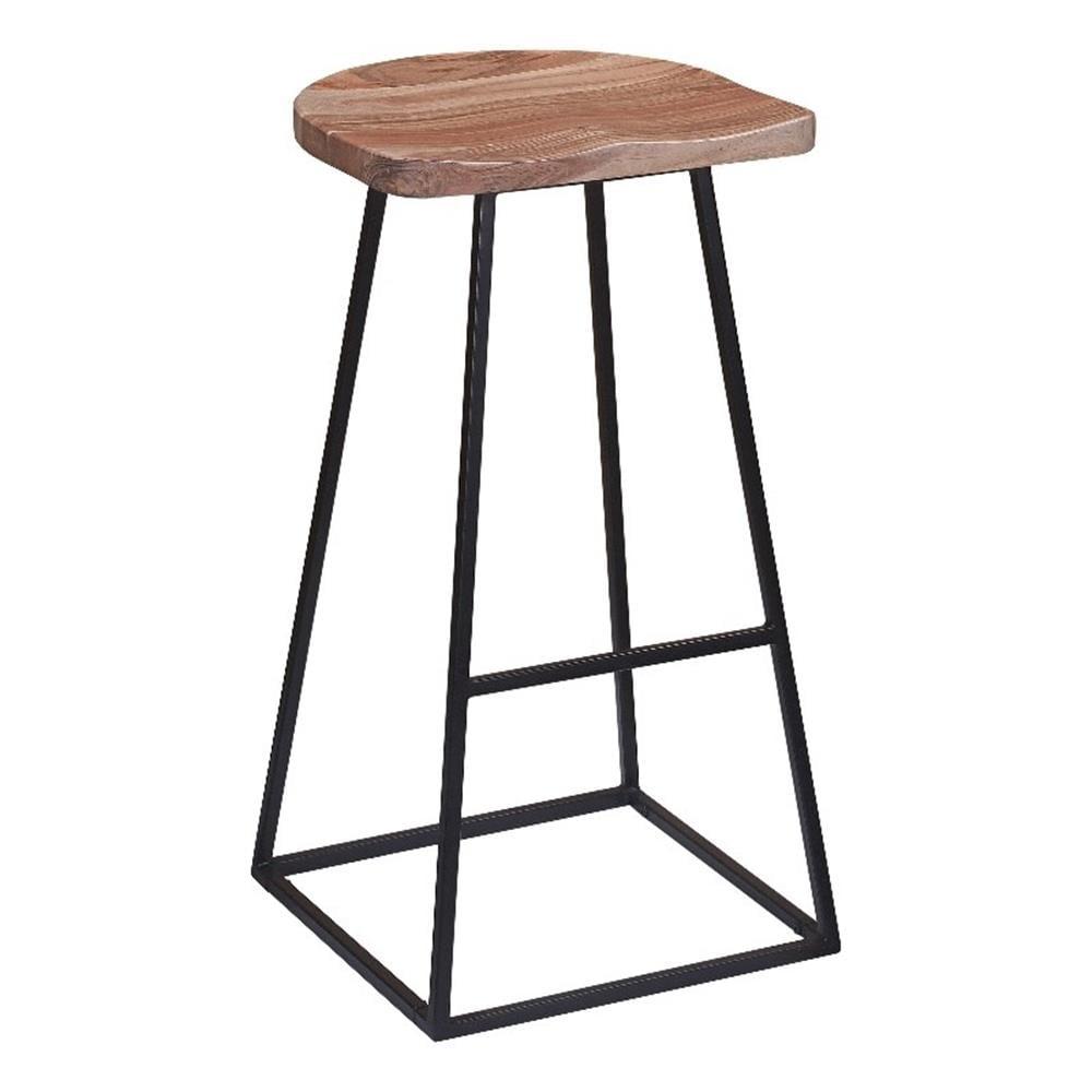 Clement Solid Acacia Wood and Black Metal Bar Stool