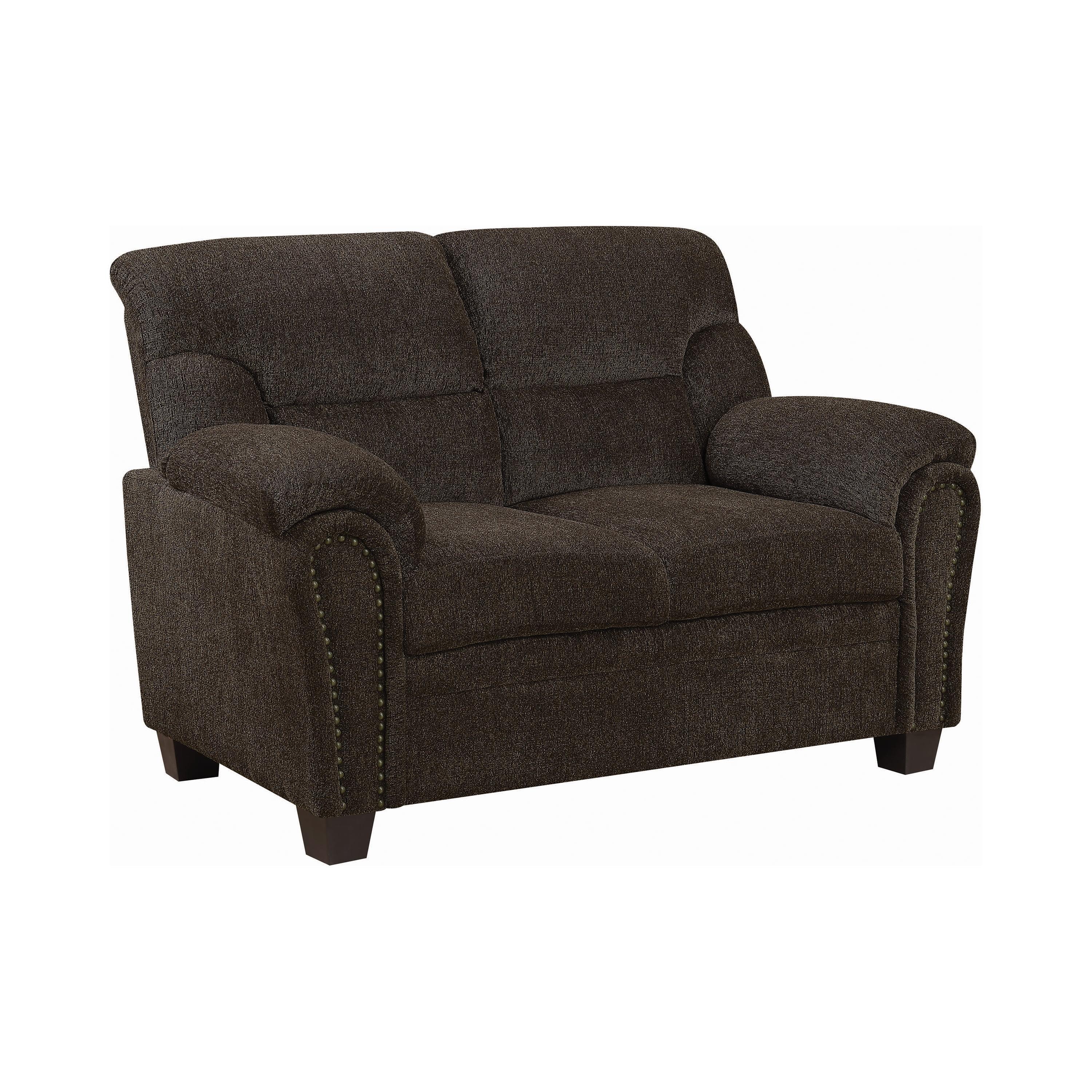 Elegant Transitional Brown Fabric Loveseat with Nailhead Detailing