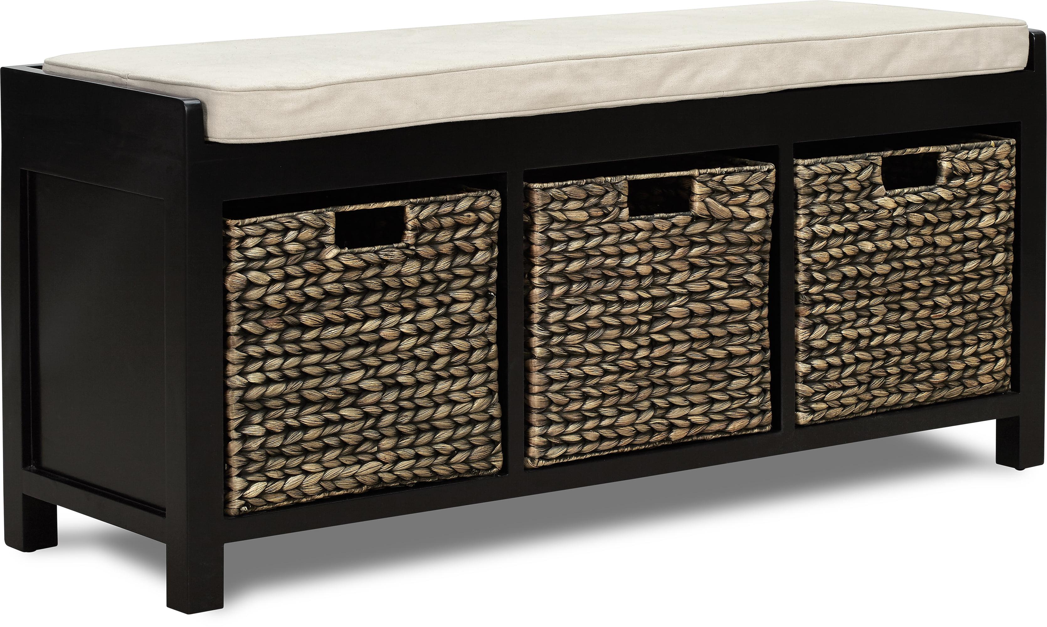 Black Woven Storage Bench with Cream Cushion