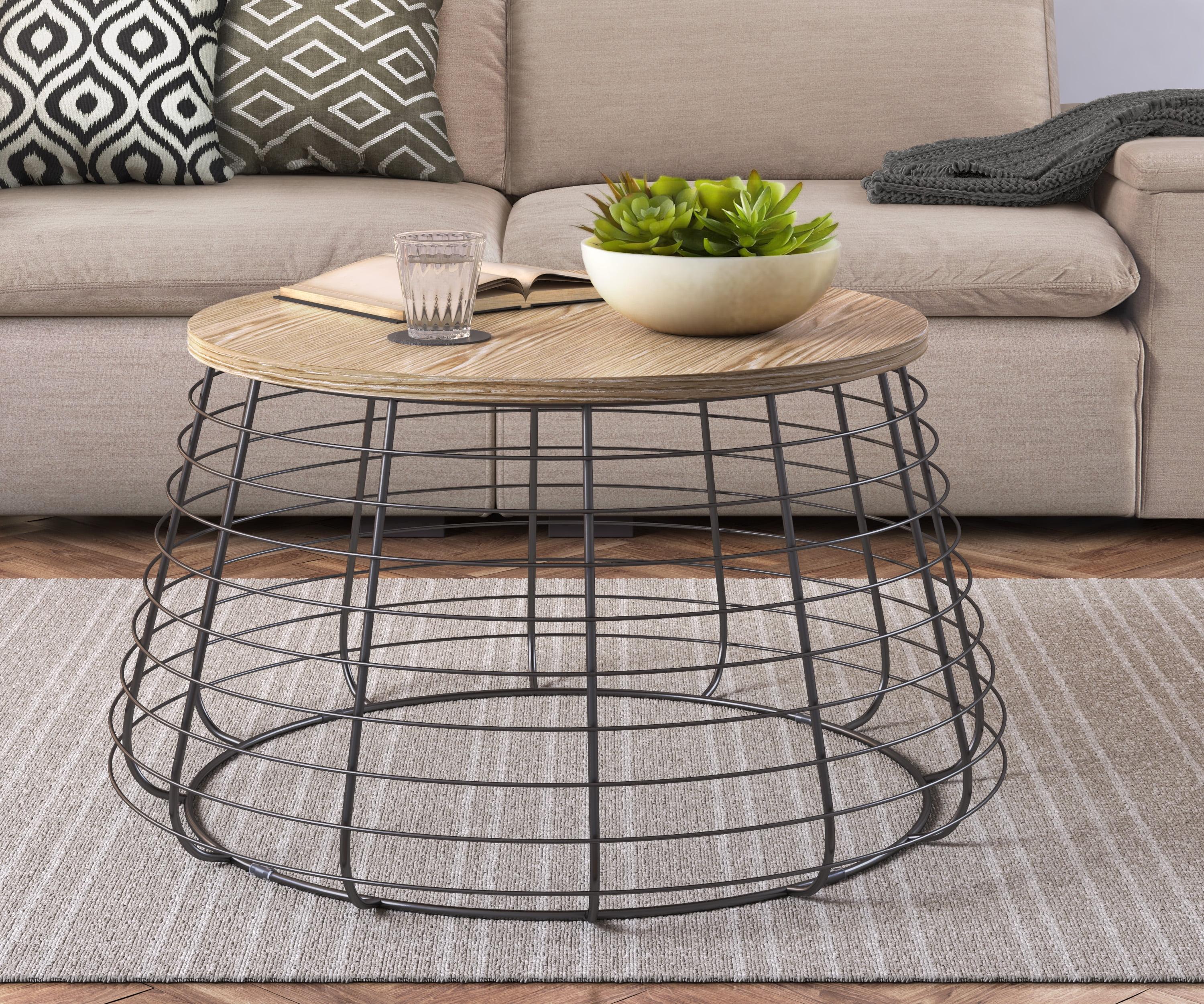 Modern Farmhouse 24'' Round Coffee Table with Distressed Wood and Black Metal