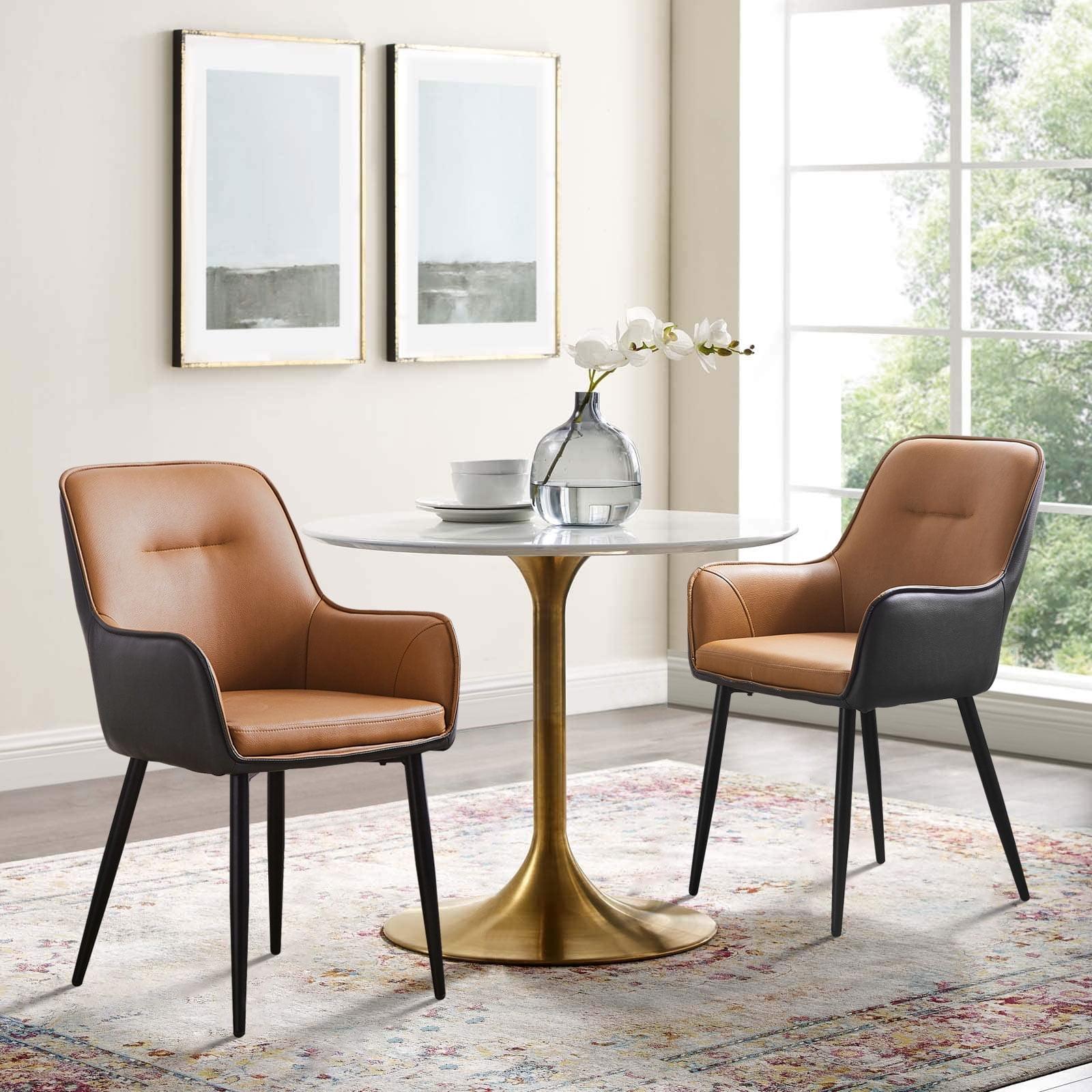 Brown and Gray Faux Leather Dining Chairs with Metal Legs, Set of 2