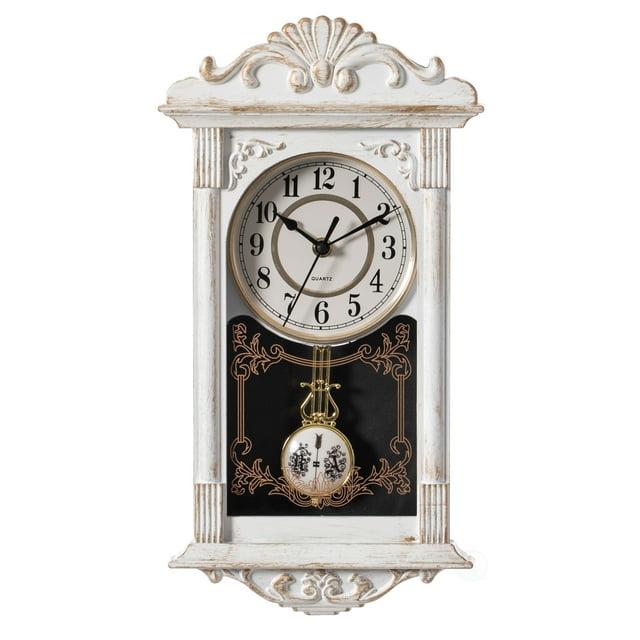 Clockswise Vintage Grandfather Wood-Looking Plastic Pendulum Decorative Battery-Operated Wall Clock, for Home Decor, Brown