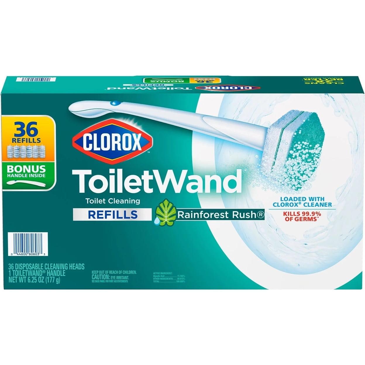 Clorox ToiletWand Disposable Cleaning System with Bonus Handle, Rainforest Rush, 36 Pad Refills