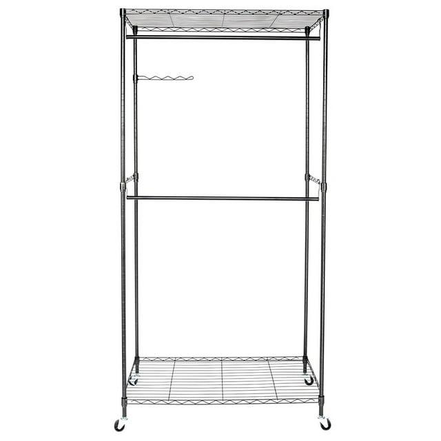 Hassch Garment Rack with Storage Shelves, Heavy Duty Rolling Free-Standing Clothing Rack Closet Organizer with Double Rods/Lockable Wheels, Black