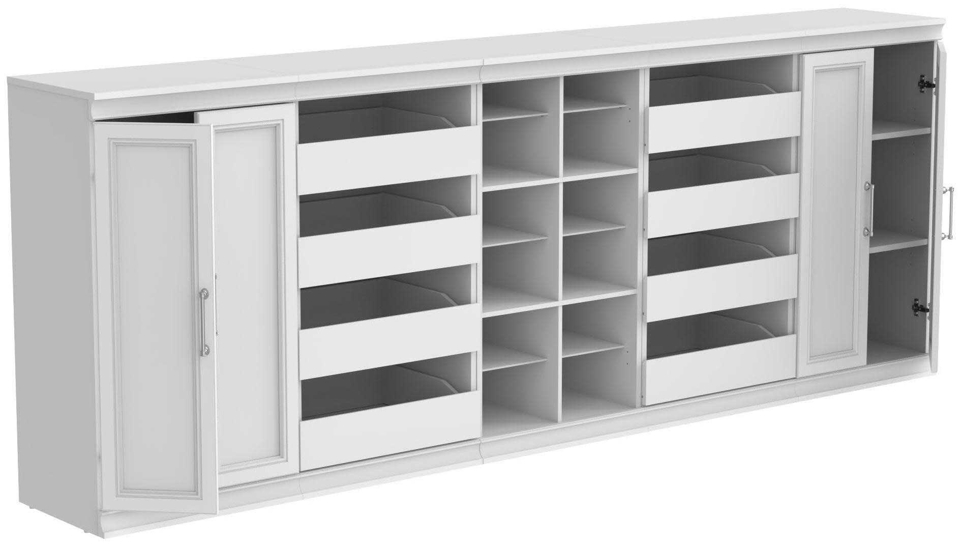 White Modular Storage System with Drawers and Shelves, 107" Wide