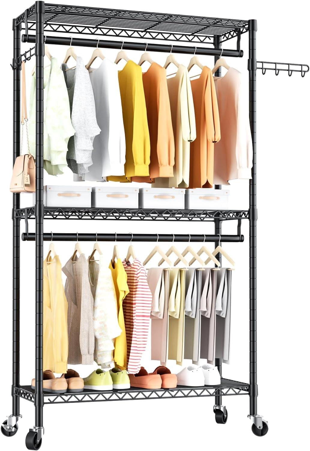 Heavy Duty Clothes Rack Rolling Garment Rack,3 Tier Adjustable Wire Shelving Clothing Racks for Hanging Clothes with Double Rods&Side Hooks,Freestanding Wardrobe Storage Rack Metal Portable Closet