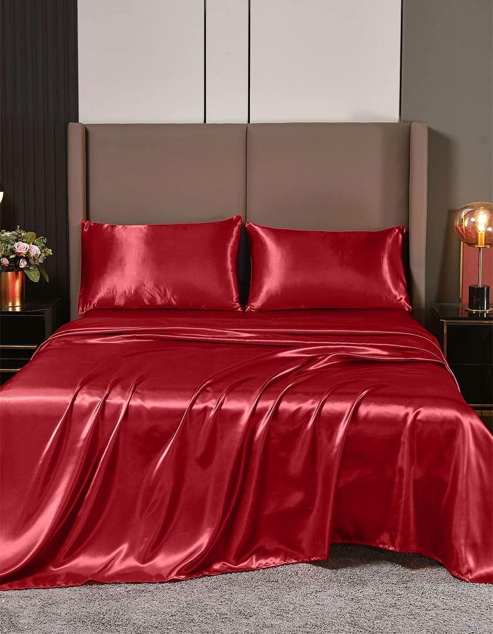 Cloud Fino Luxurious Satin Bed Sheets Burgundy Silk Sheets King 15 " Deep Pocket Pillowcases Sheet, 4-Piece