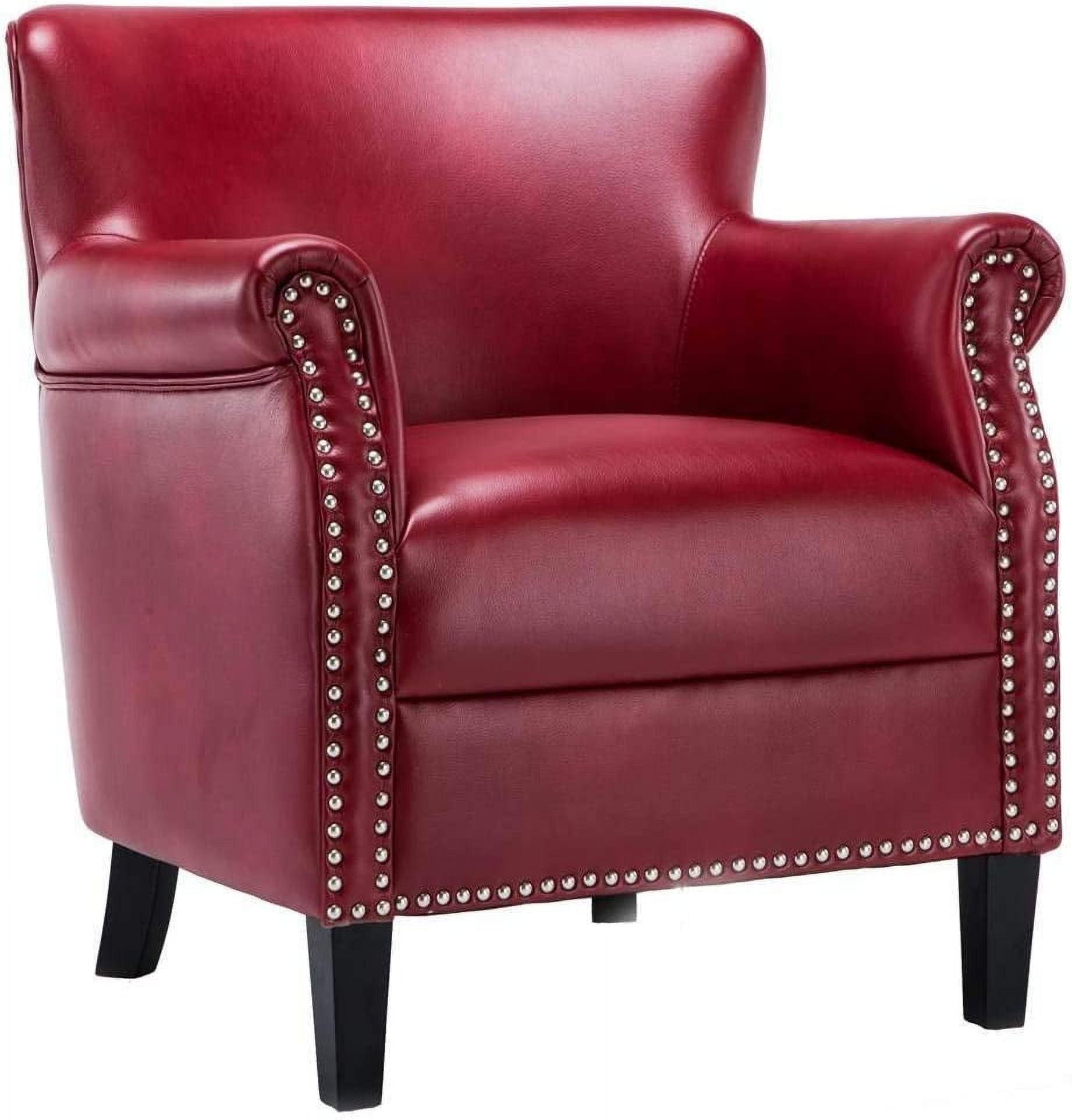 Traditional Red Leather Accent Chair with Wood Frame and Nailhead Trim