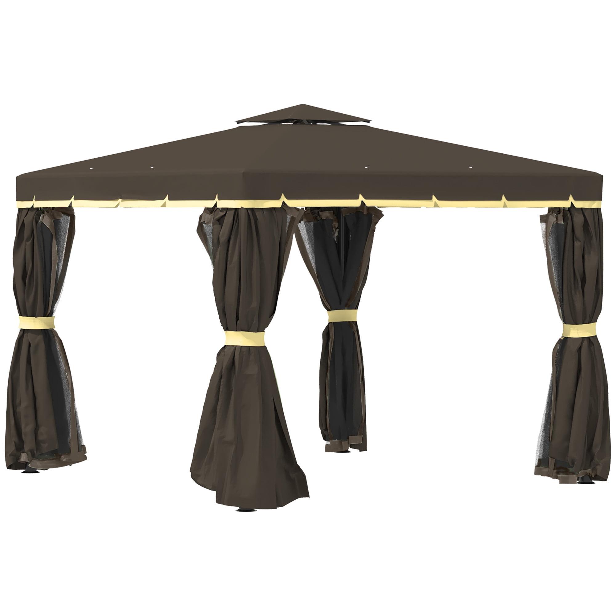 Brown Steel 10' x 10' Patio Gazebo with Netting and Curtains