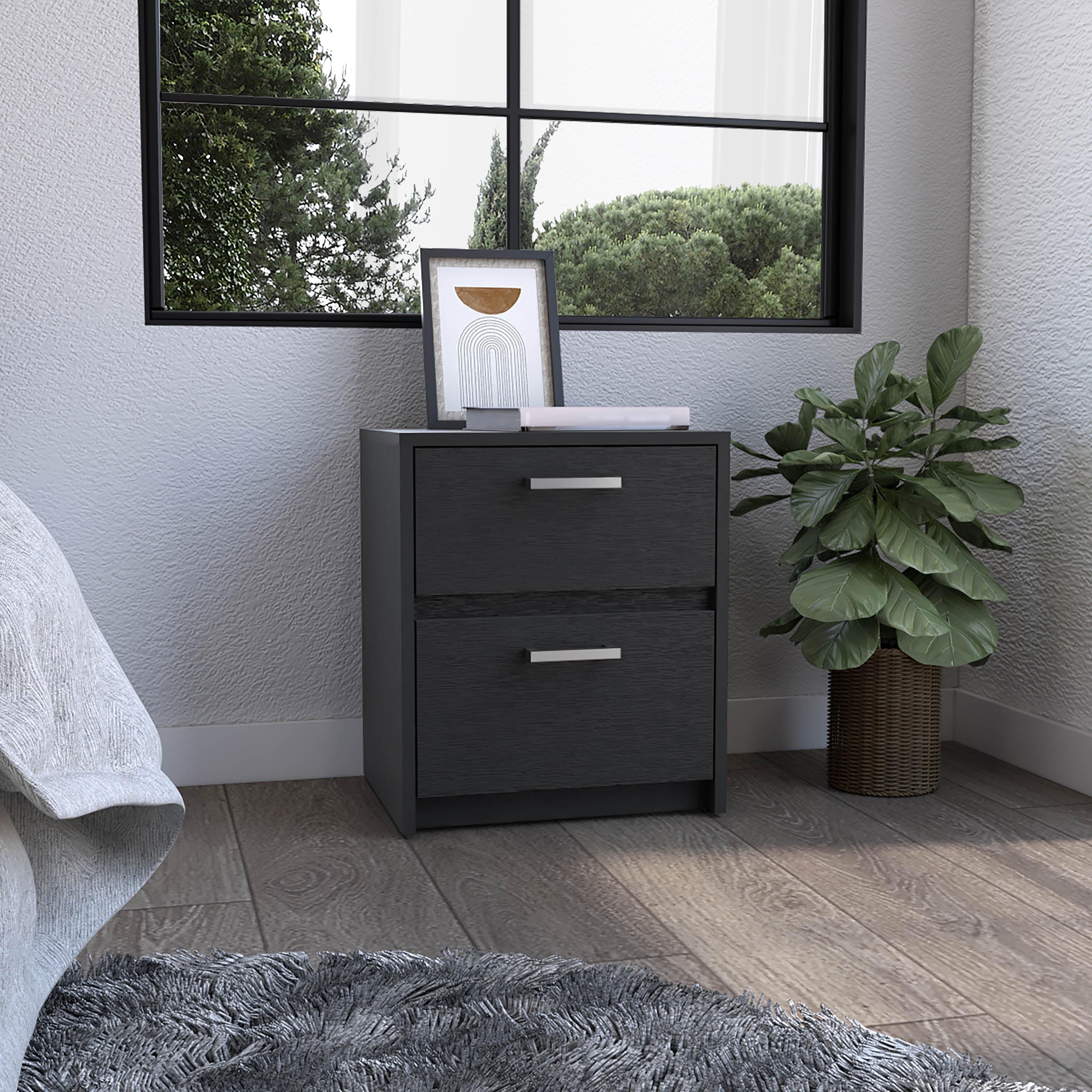 Black 2-Drawer Nightstand with Metal Handles