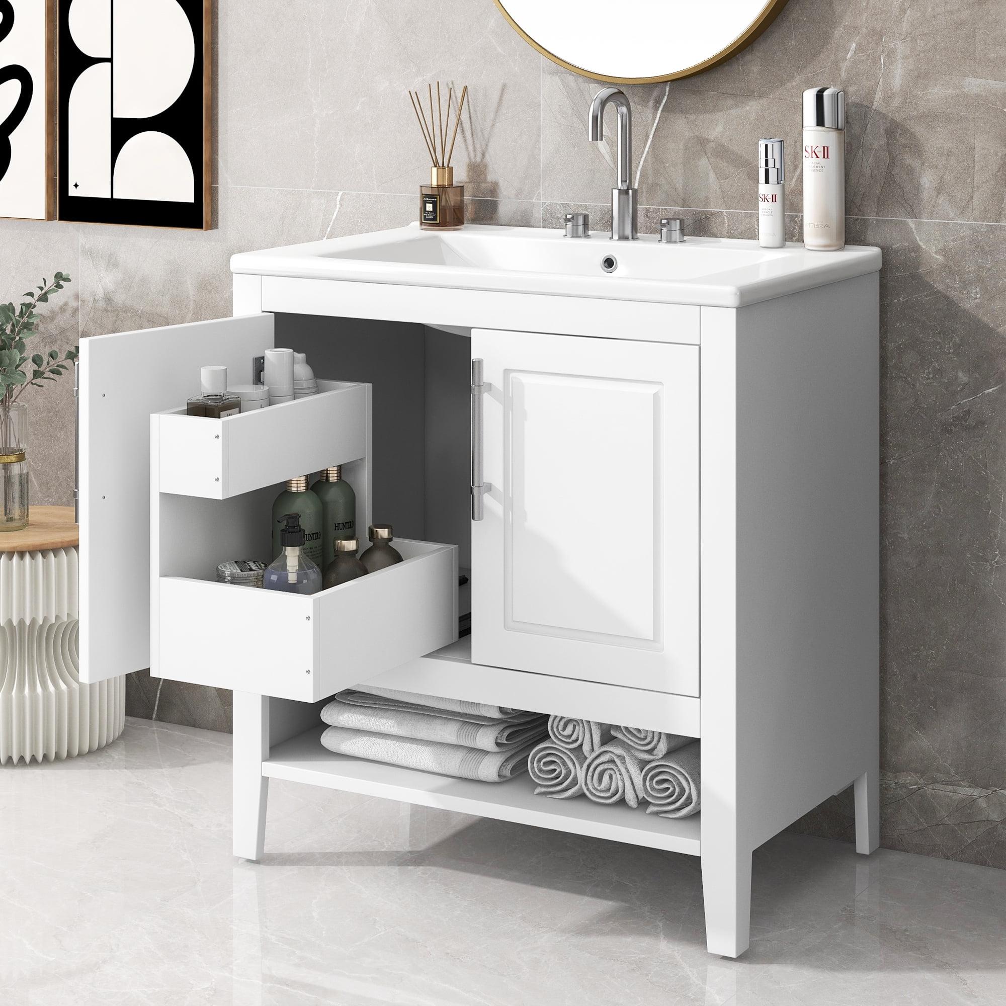 White 30" Freestanding Bathroom Vanity with Ceramic Sink