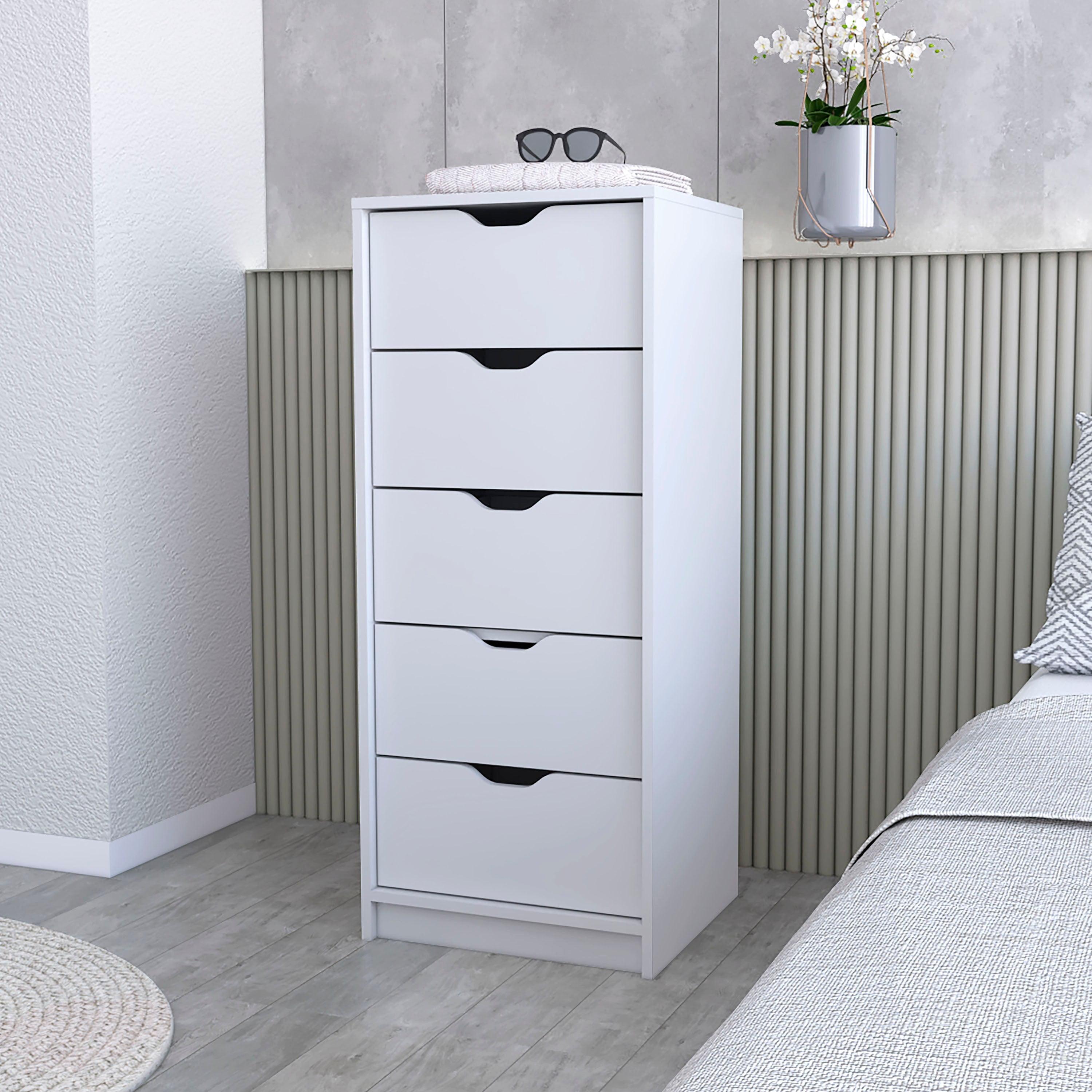 Elegant White Steel-Handled Modern 5-Drawer Dresser