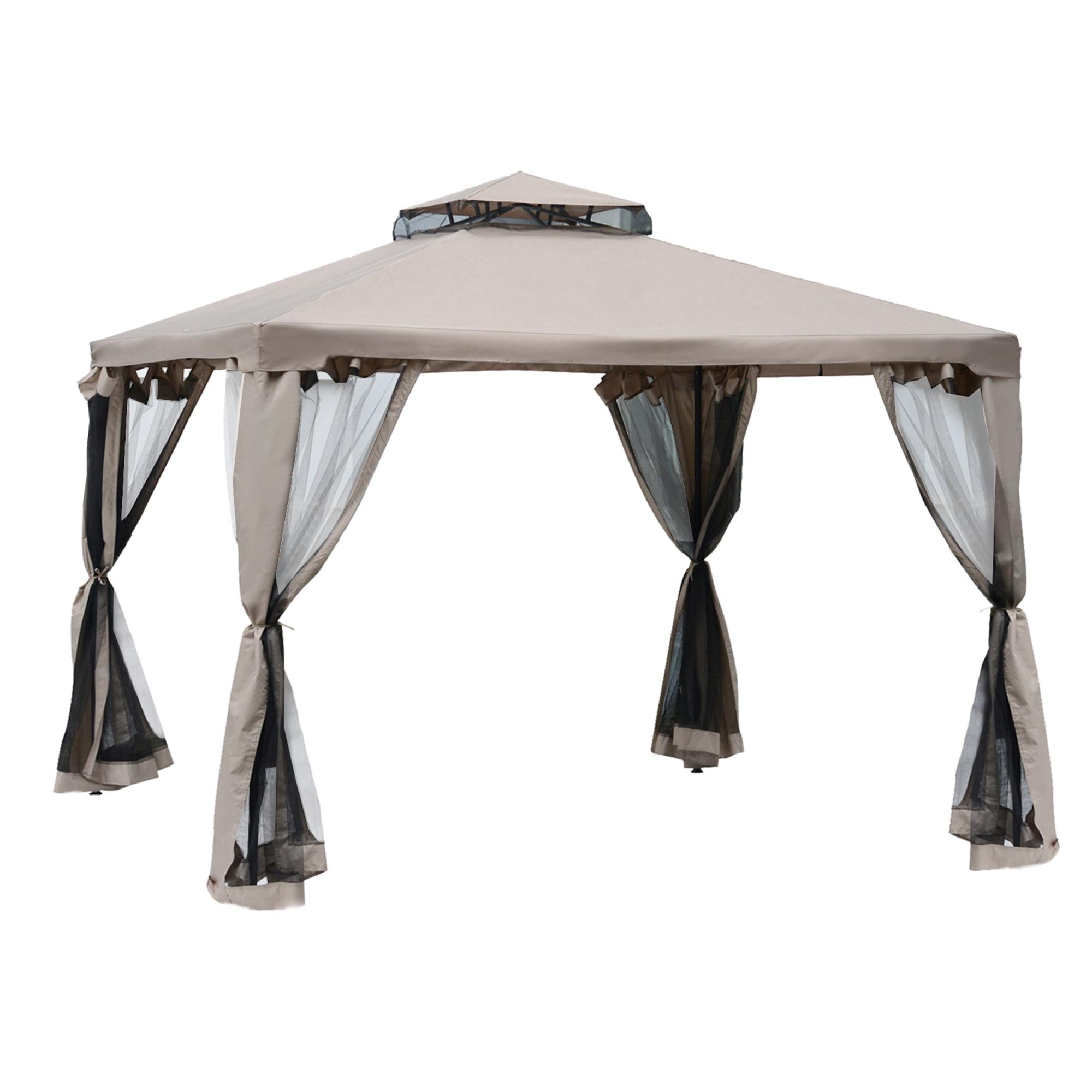 Taupe Steel 9x9 Patio Gazebo with 2-Tier Roof and Netting